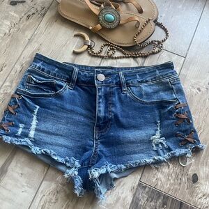Short Shorts! Dark denim with Faux Leather Lace Up Sides